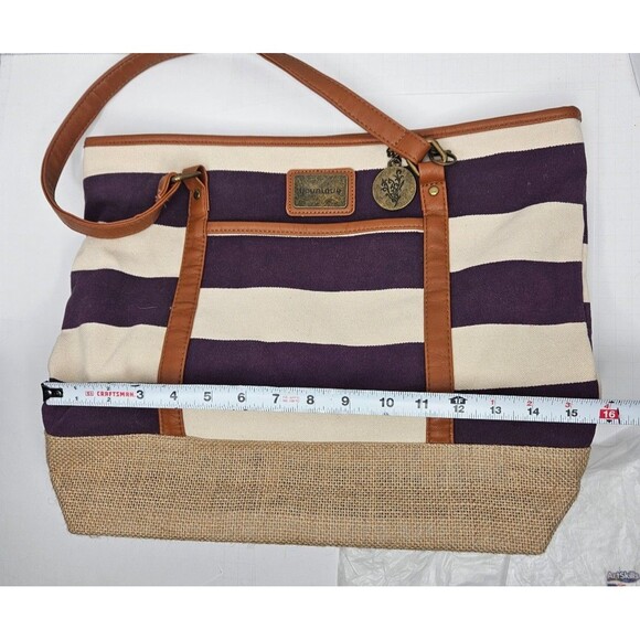 Younique Striped Purple Canvas + Burlap Purse Beach Tote - Picture 4 of 6
